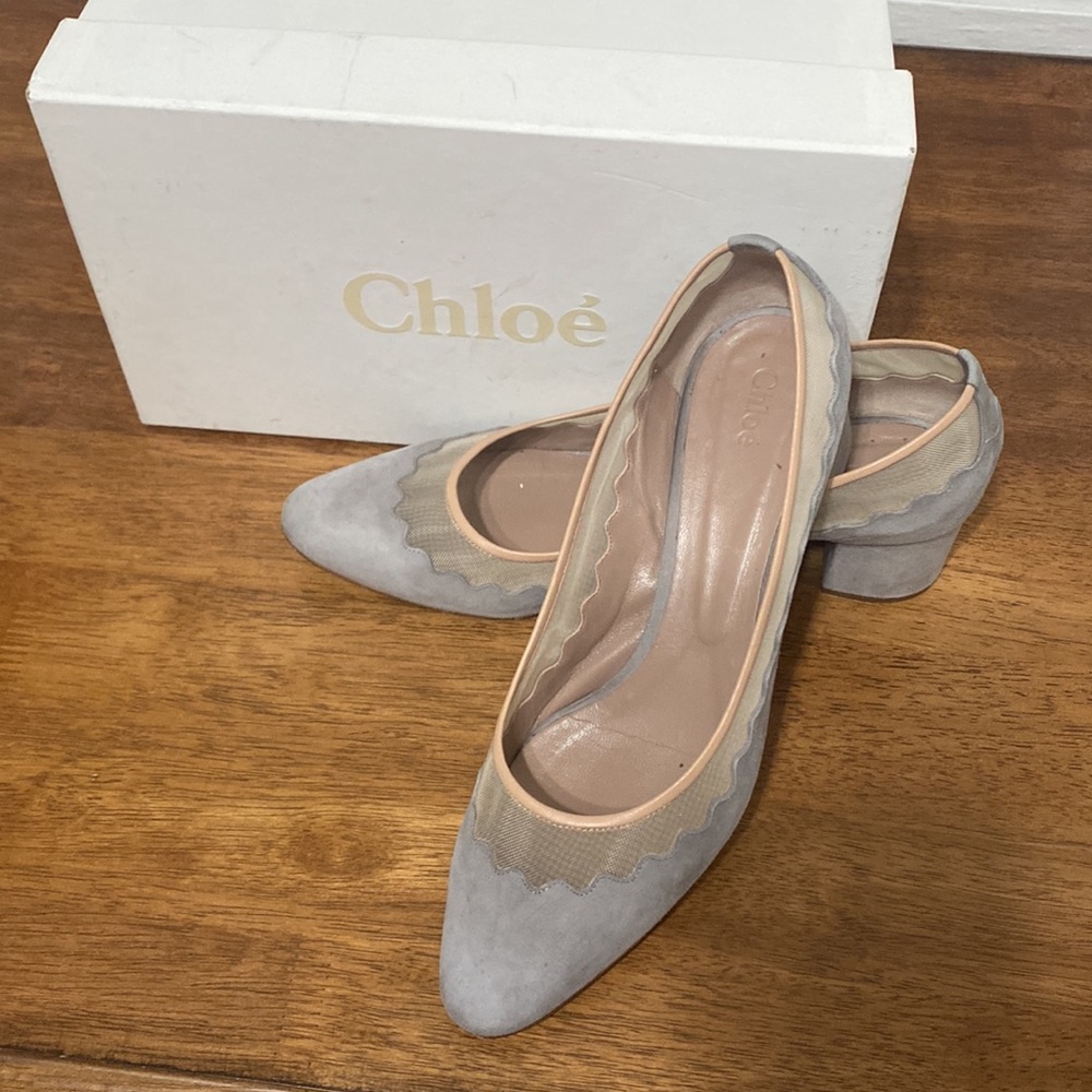 Chloé scalloped chunky heel in light blue/grey, Size 40 1/2 with box